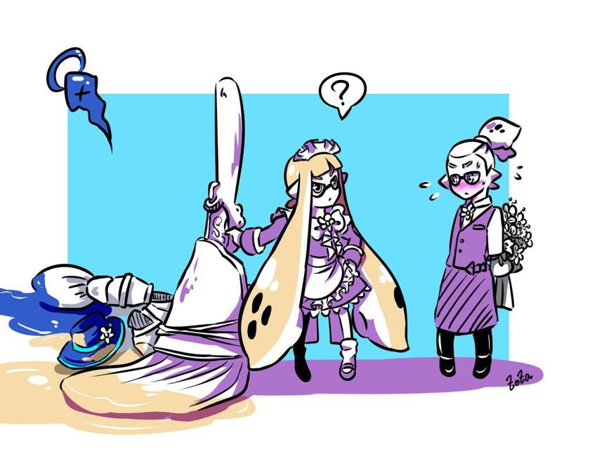 1boy 1girl ? apron arms_behind_back artist_name bangs blunt_bangs blush bouquet butler cookie_(zoza) death domino_mask donut_(zoza) dress flower flying_sweatdrops hair_slicked_back halo hand_on_hip hat hat_flower holding holding_weapon inkbrush_(splatoon) inkling lollipop_(zoza) long_sleeves looking_at_viewer maid maid_headdress mary_janes mask octobrush_(splatoon) paint_splatter pants pointy_ears scrunchie shirt shoes signature socks splatoon spoken_question_mark standing t-shirt topknot weapon white_hair zoza