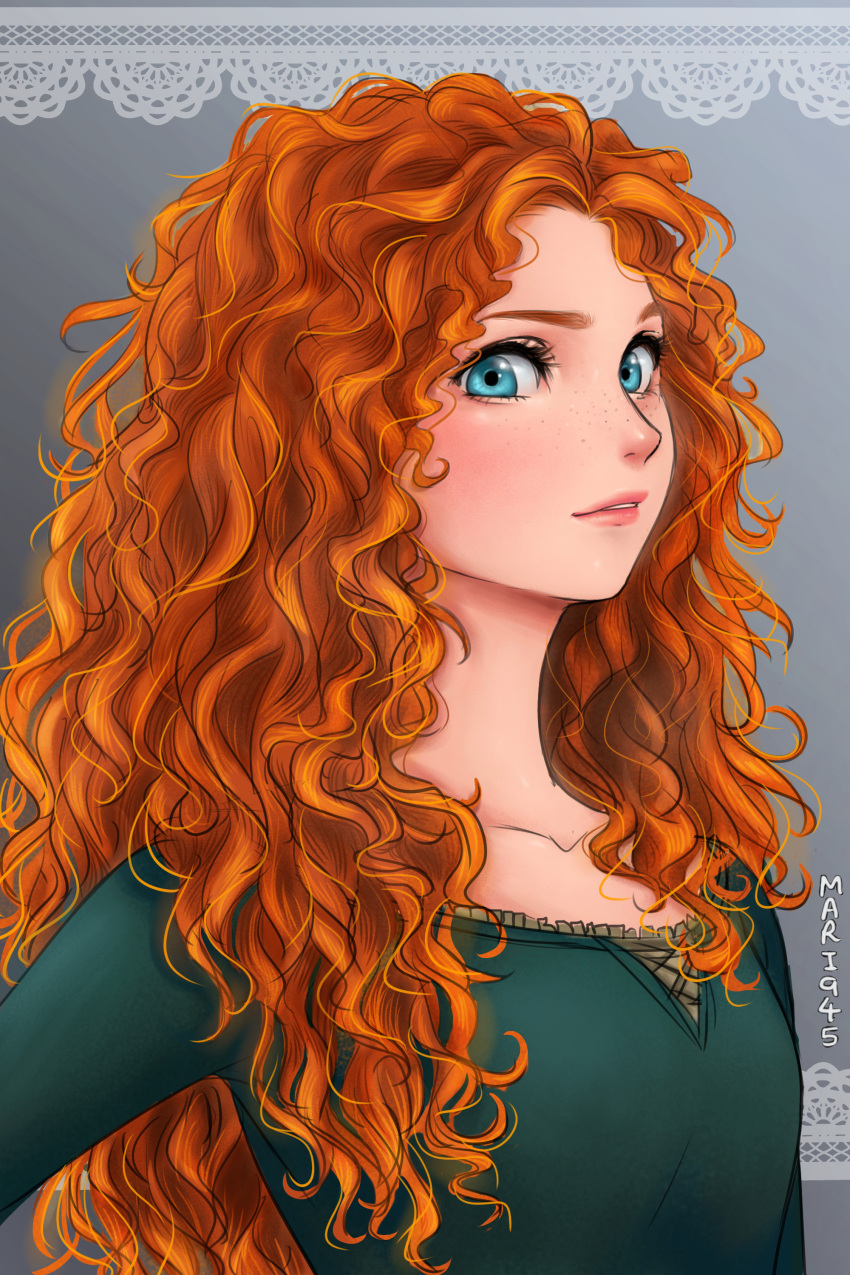 absurdres blue_eyes blush brave_(pixar) curly_hair freckles highres long_hair mari945 merida_(brave) redhead