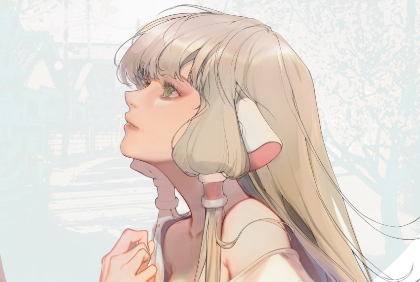 1girl android bangs blonde_hair blunt_bangs blurry blurry_background brown_eyes chii chobits fuwaffy hair_tubes highres lolita_fashion long_hair profile robot_ears solo twintails very_long_hair