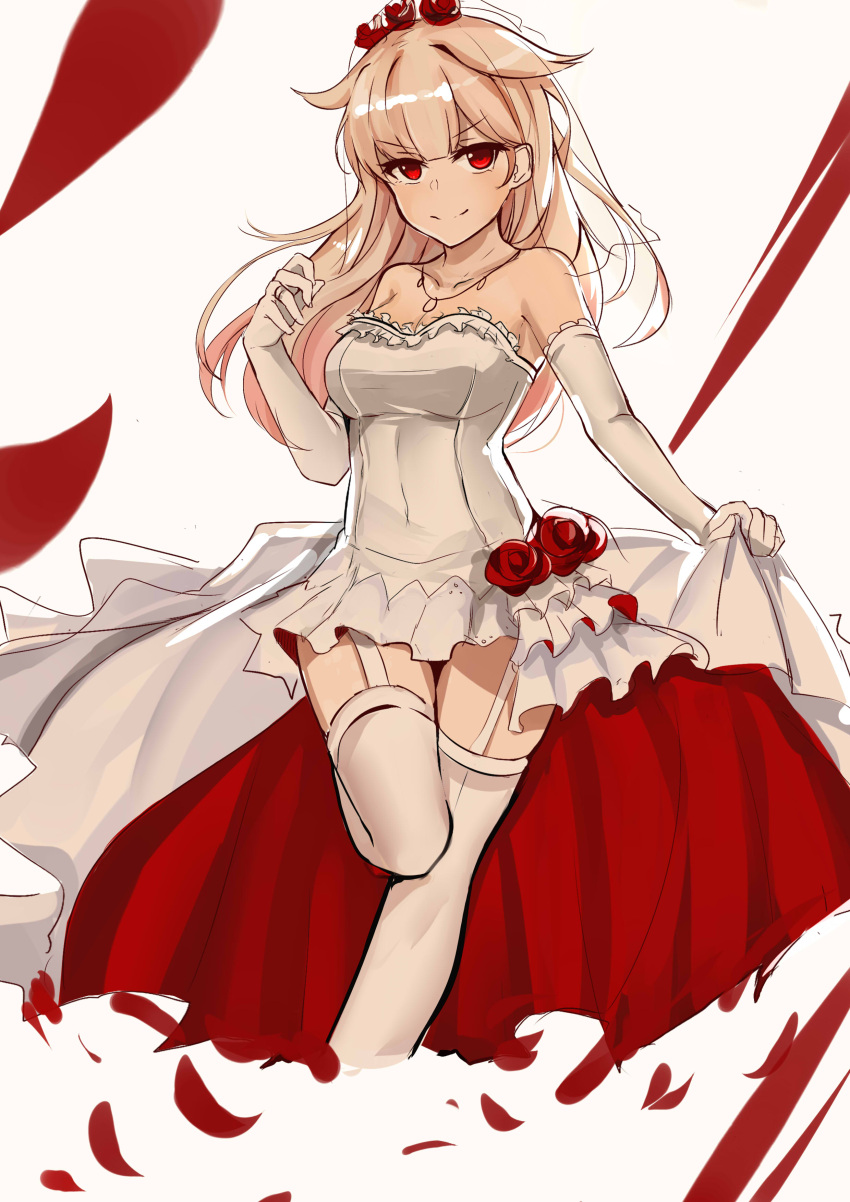 1girl absurdres blonde_hair breasts cleavage covered_navel dress elbow_gloves garter_straps gloves highres jewelry kantai_collection long_hair looking_at_viewer necklace red_eyes slm smile solo thigh-highs veil white_dress white_gloves white_legwear yuudachi_(kantai_collection)