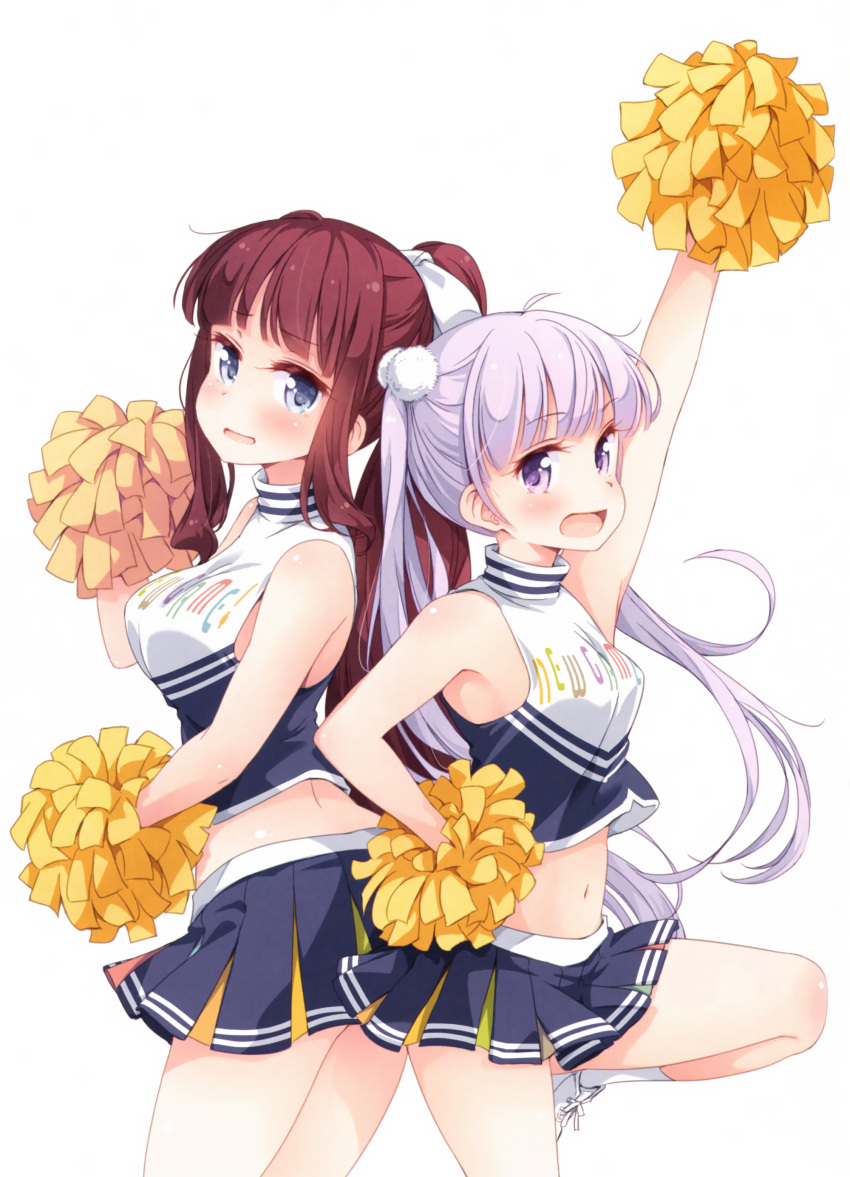 2girls absurdres arm_up bare_shoulders black_skirt blue_eyes brown_hair cheerleader crop_top eyebrows eyebrows_visible_through_hair hair_bobbles hair_ornament hand_on_hip highres long_hair looking_at_viewer midriff multiple_girls navel new_game! one_leg_raised open_mouth pleated_skirt pom_poms ponytail purple_hair shiny shiny_skin shoes simple_background skirt sleeveless socks suzukaze_aoba takimoto_hifumi tokunou_shoutarou twintails very_long_hair violet_eyes white_background white_legwear white_shoes