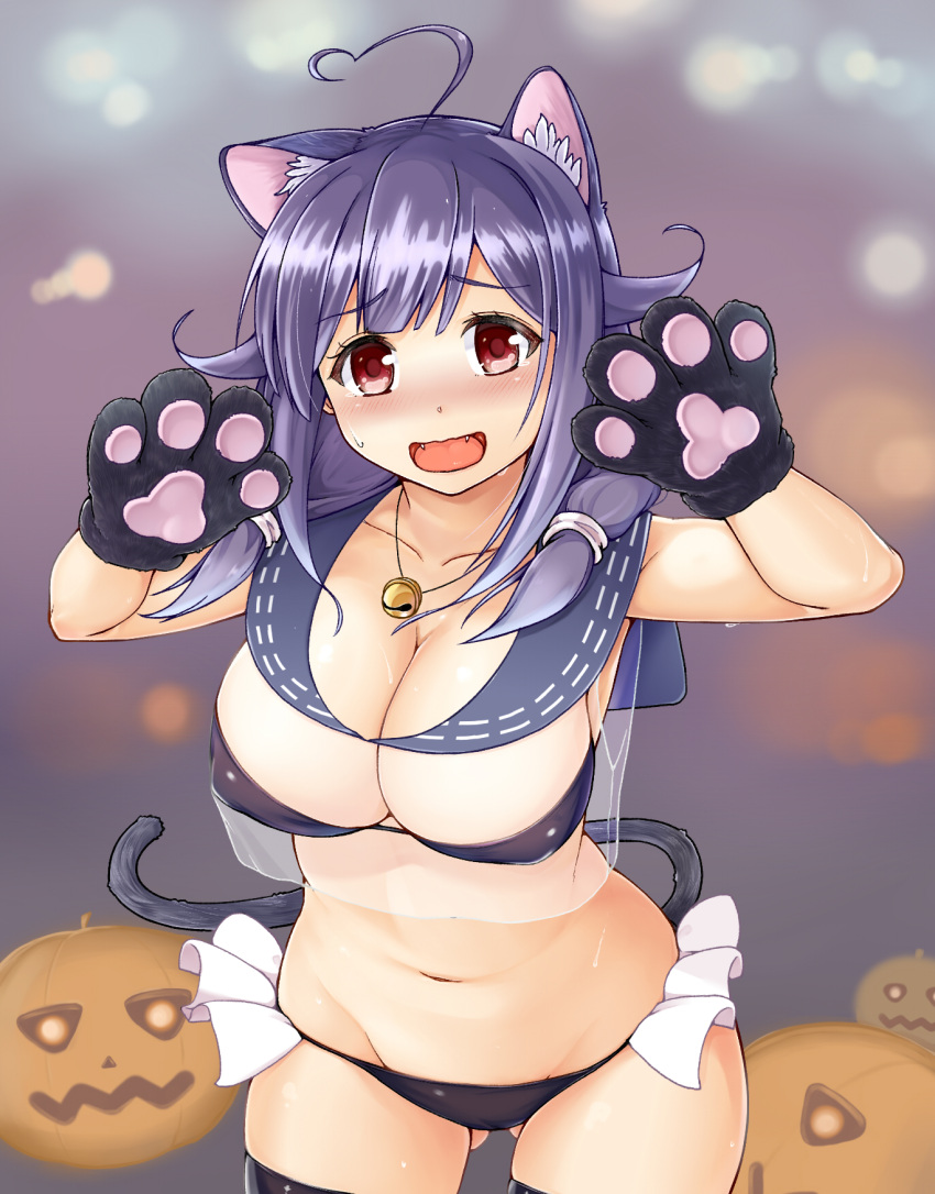 1girl ahoge animal_ears bell blush breasts cat_ears cat_girl cat_paw cat_tail cleavage fangs highres jack-o'-lantern kantai_collection large_breasts long_hair looking_at_viewer navel open_mouth purple_hair red_eyes solo taigei_(kantai_collection) tail thigh-highs tomo_(tomojo_8)