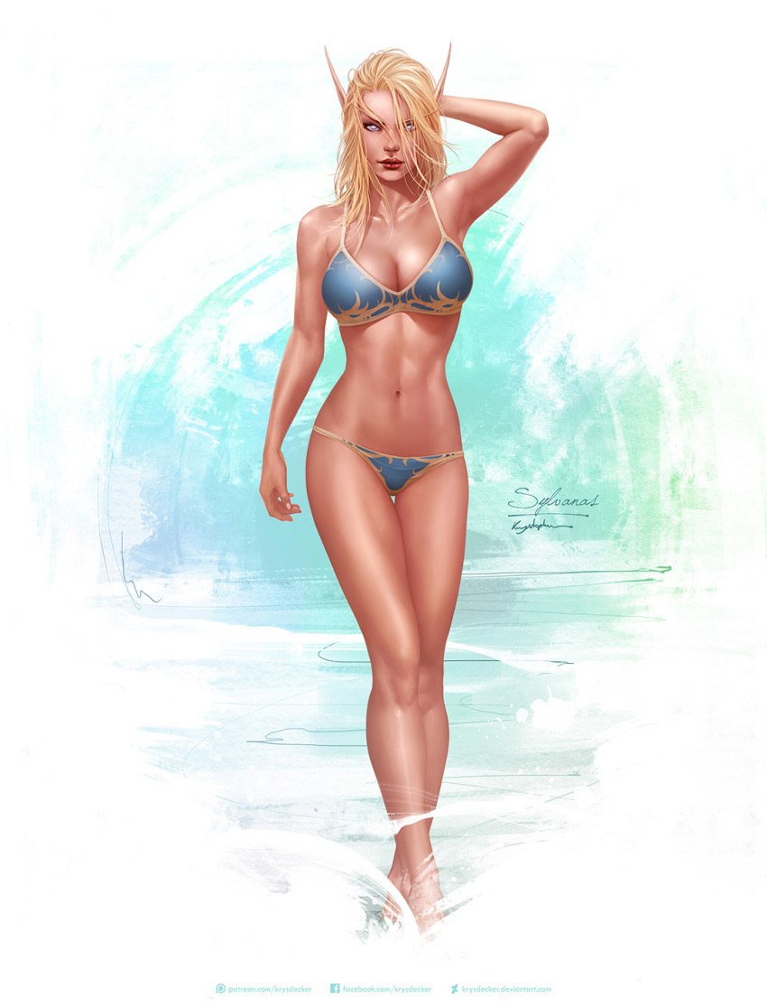 1girl bikini blonde_hair blue_eyes breasts character_name cleavage elf hand_behind_head high_elf highres krystopher_decker large_breasts lipstick long_hair makeup midriff navel pointy_ears red_lipstick signature solo swimsuit sylvanas_windrunner warcraft world_of_warcraft