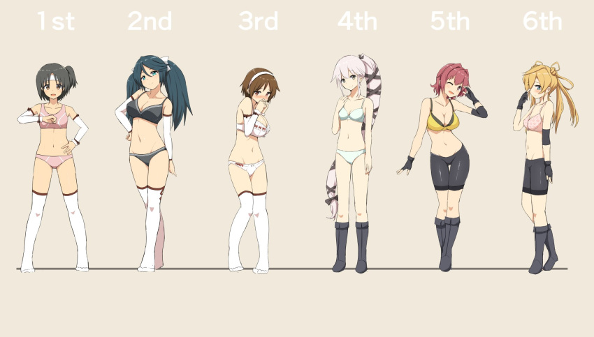 6+girls :d abukuma_(kantai_collection) aqua_eyes arm_warmers bike_shorts black_bra black_gloves black_hair black_legwear black_panties blonde_hair blue_bra blue_eyes blue_hair blush bra breasts brown_eyes brown_hair cassandra_(seishun_katsu_sando) cleavage clenched_hand collarbone commentary_request covering_face detached_sleeves double_bun embarrassed eyebrows eyebrows_visible_through_hair fingerless_gloves from_side gloves grey_background grey_eyes hair_flaps hair_intakes hair_over_one_eye hair_ribbon hair_rings hand_on_hip headband highres isuzu_(kantai_collection) kantai_collection kinu_(kantai_collection) knees_together_feet_apart large_breasts long_hair looking_at_viewer medium_breasts multicolored_bra multiple_girls nagara_(kantai_collection) natori_(kantai_collection) navel one_eye_closed open_mouth panties pink_bra pink_hair ponytail red_eyes remodel_(kantai_collection) ribbon short_hair short_hair_with_long_locks side_ponytail simple_background small_breasts smile socks sports_bra standing swimsuit thigh-highs twintails underwear underwear_only very_long_hair violet_eyes white_bra white_legwear white_panties yellow_bra yura_(kantai_collection)