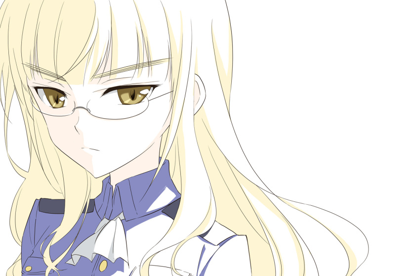 1girl agahari ascot blonde_hair cravat eyebrows face frown glasses highres long_hair military military_uniform perrine_h_clostermann portrait rimless_glasses simple_background solo strike_witches uniform yellow_eyes