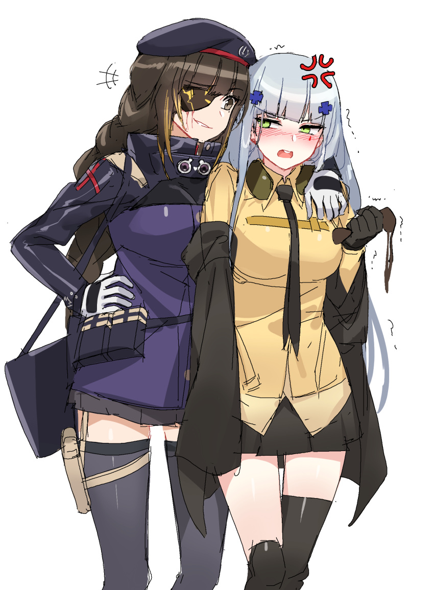 2girls angry arm_over_shoulder bangs black_hair blunt_bangs blush braid breasts brown_hair cosplay costume_switch facial_mark girls_frontline gloves green_eyes hair_ornament highres hk416_(girls_frontline) hk416_(girls_frontline)_(cosplay) large_breasts long_hair m16a1_(girls_frontline) m16a1_(girls_frontline)_(cosplay) mole mole_under_eye multiple_girls ndgd necktie silver_hair teardrop yuri