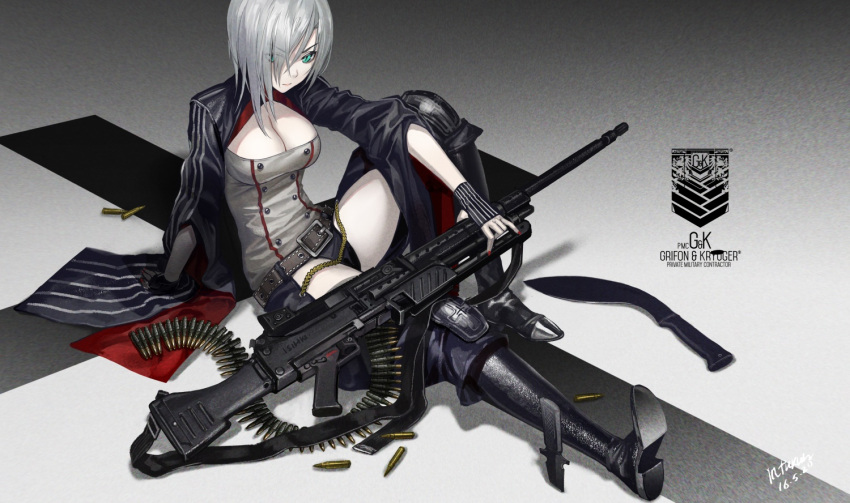 &gt;:| 1girl ammunition_belt arm_support artist_name belt black_boots boots breasts buckle bullet buttons chaps cleavage cleavage_cutout closed_mouth dated english eyebrows eyes_visible_through_hair fingerless_gloves from_above full_body girls_frontline gloves green_eyes gun hair_between_eyes hair_over_one_eye infukun knee_boots knee_pads knife kukri leg_up lips machine_gun mg5 mg5_(girls_frontline) nail_polish silver_hair sitting solo text weapon wide_sleeves