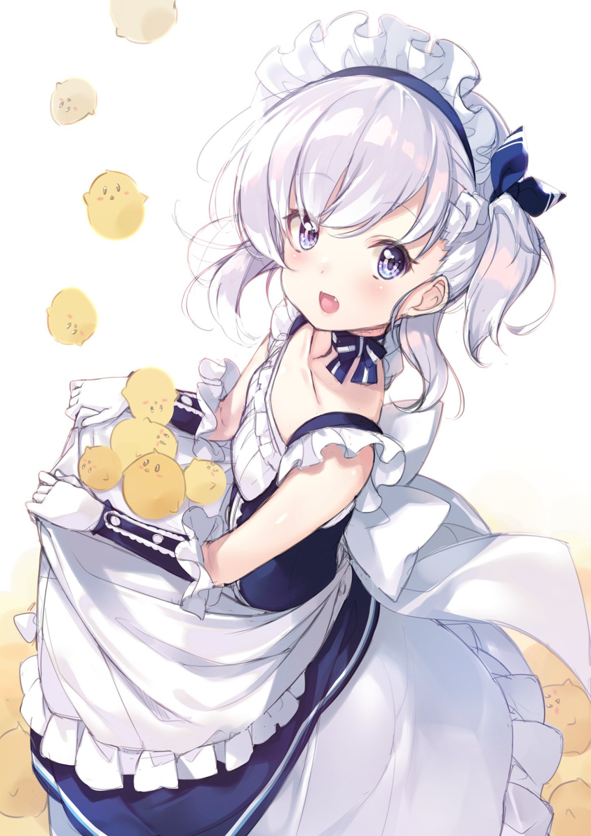 1girl :d apron apron_hold azur_lane bangs belchan_(azur_lane) belfast_(azur_lane) bird blue_dress blue_eyes blue_ribbon blush braid chick choker collarbone commentary_request dress eyebrows_visible_through_hair fang flat_chest french_braid frilled_apron frilled_dress frills from_above from_side gloves hair_between_eyes hair_ribbon highres long_hair looking_at_viewer looking_to_the_side maid_headdress mayuzaki_yuu one_side_up open_mouth ribbon ribbon_choker shiny shiny_hair sidelocks silver_hair simple_background sleeveless sleeveless_dress smile solo standing white_apron white_background white_dress white_gloves younger