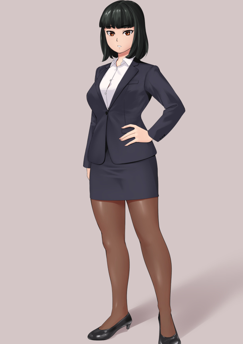 1girl bangs beige_background black_hair black_legwear black_skirt brown_eyes business_suit collared_shirt dress_shirt formal full_body high_heels highres jacket long_hair looking_at_viewer miniskirt nemui333 office_lady original pantyhose parted_lips pencil_skirt shadow shirt simple_background skirt skirt_suit suit