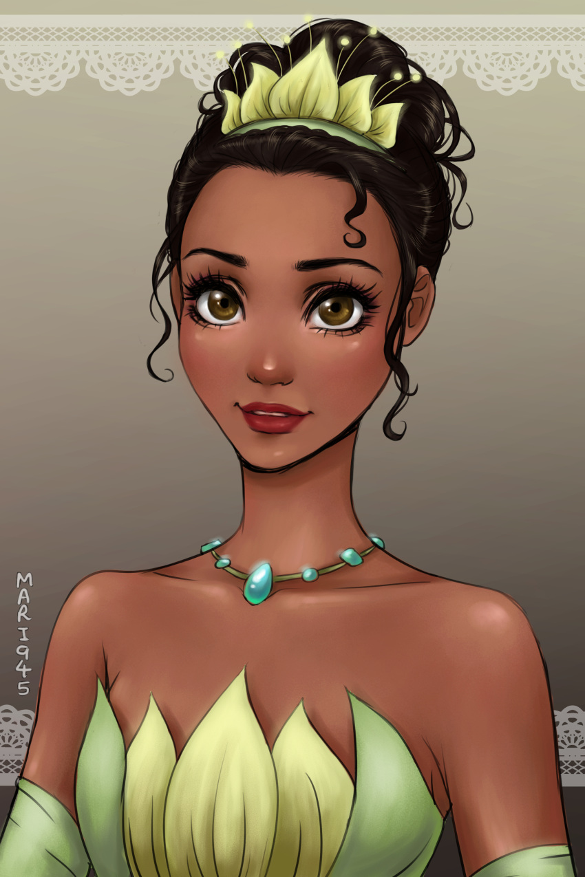 1girl absurdres artist_name black_hair brown_eyes dark_skin disney gloves hairband highres jewelry lips looking_at_viewer mari945 red_lips smile solo the_princess_and_the_frog tiana_(the_princess_and_the_frog) upper_body