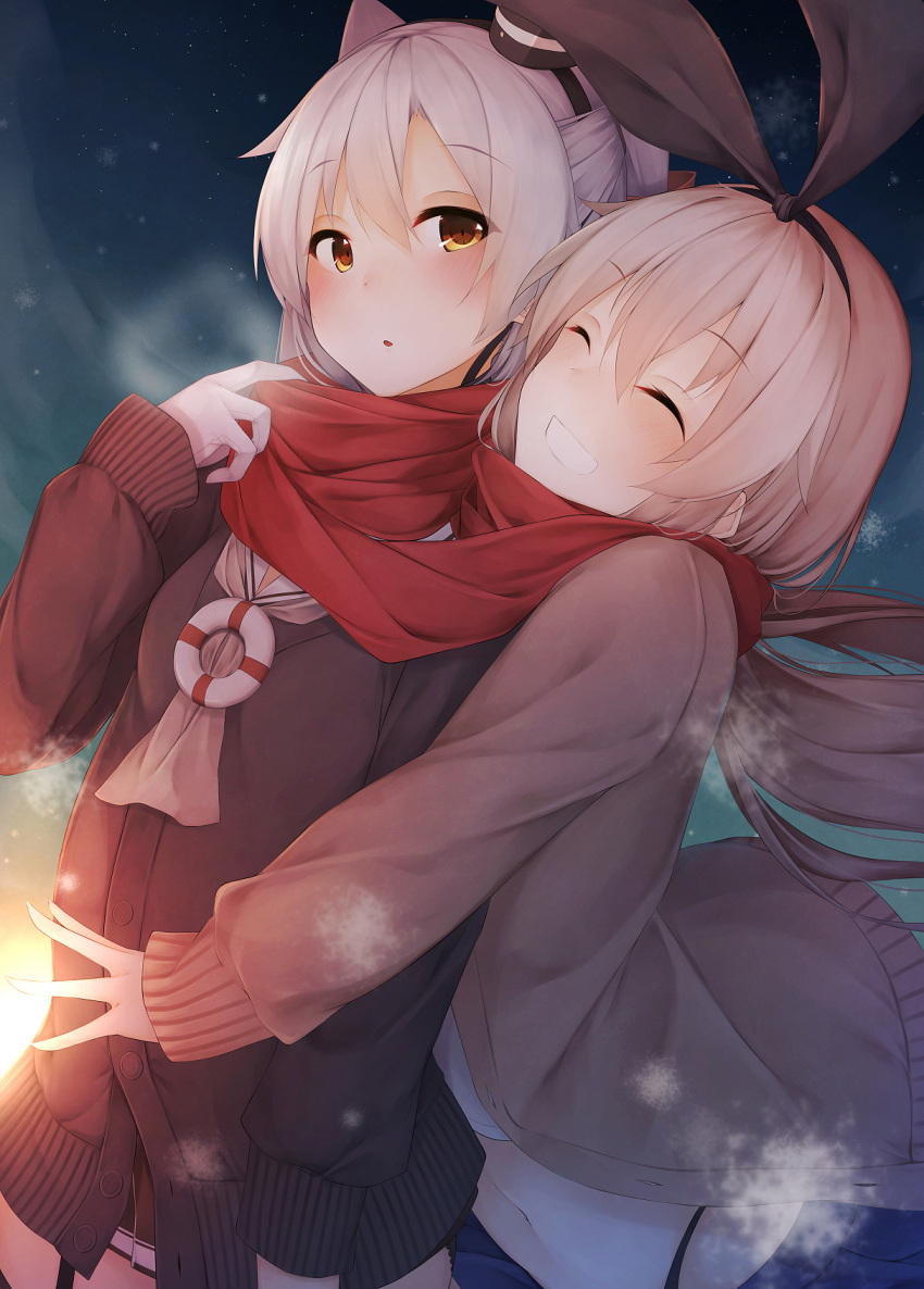 2girls adjusting_scarf alternate_costume amatsukaze_(kantai_collection) arched_back black_panties blonde_hair blue_skirt blush brown_dress closed_eyes commentary_request dress garter_straps grin hair_between_eyes hairband highleg highleg_panties highres hug hug_from_behind kantai_collection leaning_forward long_hair looking_at_another midriff multiple_girls navel night night_sky open_mouth outstretched_arms outstretched_hand panties pleated_skirt red_scarf rerrere scarf shared_scarf shimakaze_(kantai_collection) short_dress silver_hair skirt skirt_set sky smile smokestack star_(sky) starry_sky sweater thigh-highs two_side_up underwear upper_body yellow_eyes