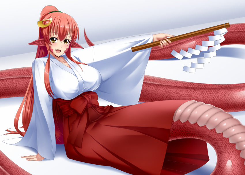 1girl :d breasts dutch_angle fang gohei highres japanese_clothes kagiyama_(gen'ei_no_hasha) lamia large_breasts long_hair miia_(monster_musume) miko monster_girl monster_musume_no_iru_nichijou open_mouth pointy_ears ponytail redhead scales shadow sidelocks sitting slit_pupils smile solo very_long_hair yellow_eyes