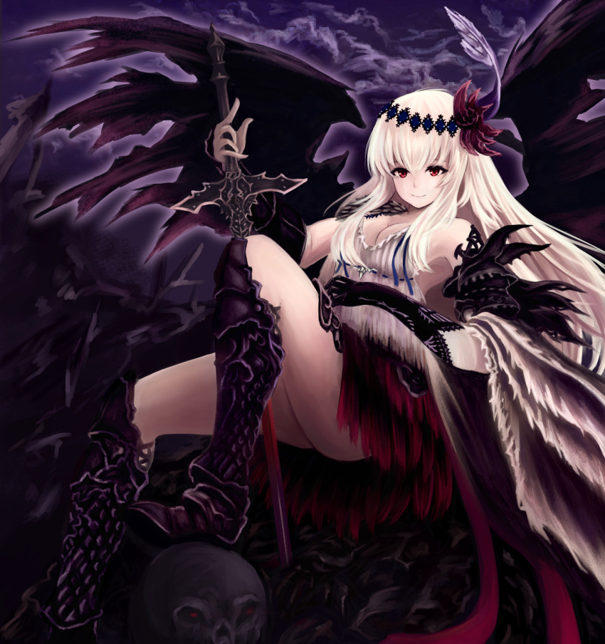 1girl armor armored_boots bangs between_legs black_boots black_gloves black_wings boots breasts camisole cleavage closed_mouth clouds dark_jeanne dark_persona demon_wings feathers gloves granblue_fantasy hair_between_eyes hair_feathers highres holding holding_sword holding_weapon jeanne_d'arc_(granblue_fantasy) knee_boots long_hair looking_at_viewer medium_breasts purple_sky red_eyes red_skirt skirt skull smile solo sword torn_wings weapon white_hair wings yukidaifuku