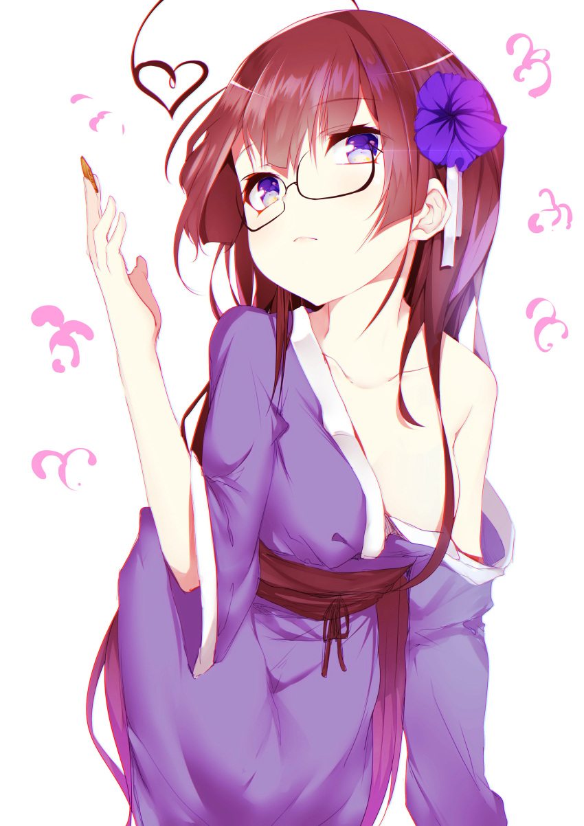 1girl absurdres ahoge blush breasts brown_hair cleavage closed_mouth collarbone eyebrows_visible_through_hair heart_ahoge highres huaimeng large_breasts long_hair long_sleeves looking_at_viewer original simple_background solo upper_body violet_eyes white_background