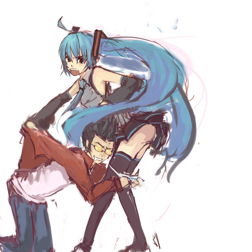 1girl aqua_eyes aqua_hair black_hair crossover denim detached_sleeves drawfag grasshopper_manufacture hatsune_miku highres jacket jeans long_hair necktie no_more_heroes open_mouth panties panties_(pantsu-pirate) pants panty_pull short_hair skirt striped striped_panties sunglasses thigh-highs travis_touchdown twintails underwear very_long_hair vocaloid