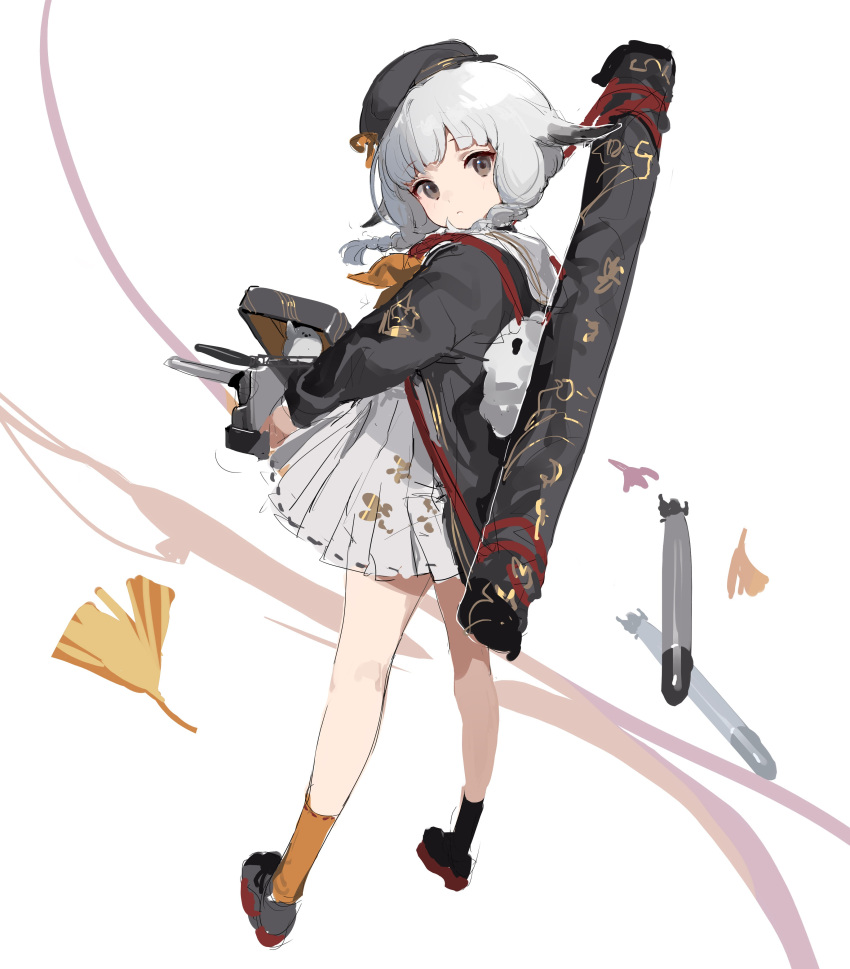 1girl absurdres animal_ears asymmetrical_legwear azur_lane bangs bird black_hair black_headwear black_legwear braid closed_mouth eyebrows_visible_through_hair grey_eyes grey_hair hat highres kazagumo_(azur_lane) kneehighs long_sleeves looking_at_viewer multicolored_hair neckerchief orange_legwear orange_neckwear sailor_collar shisantian short_hair simple_background torpedo twin_braids white_sailor_collar