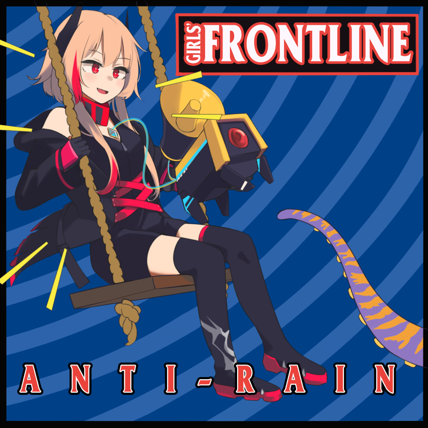 1girl 1other album_cover an-94_(girls'_frontline) anti-rain_(girls'_frontline) black_gloves black_jacket black_legwear blonde_hair copyright_name cover dinergate_(girls'_frontline) eyebrows_visible_through_hair girls_frontline gloves hair_ornament highres hinami047 jacket long_hair looking_away multicolored_hair open_clothes open_jacket open_mouth parody red_eyes simple_background sitting the_offspring thigh-highs