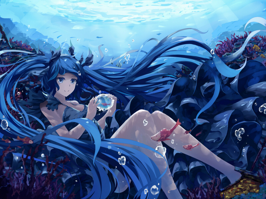 1girl bare_arms bare_legs bare_shoulders barefoot blue_dress blue_eyes blue_hair blue_ribbon breasts bubble dress fish hair_ribbon hatsune_miku layered_dress long_hair looking_at_viewer ribbon shinkai_shoujo_(vocaloid) sitting small_breasts smile solo twintails underwater very_long_hair vocaloid white_crow