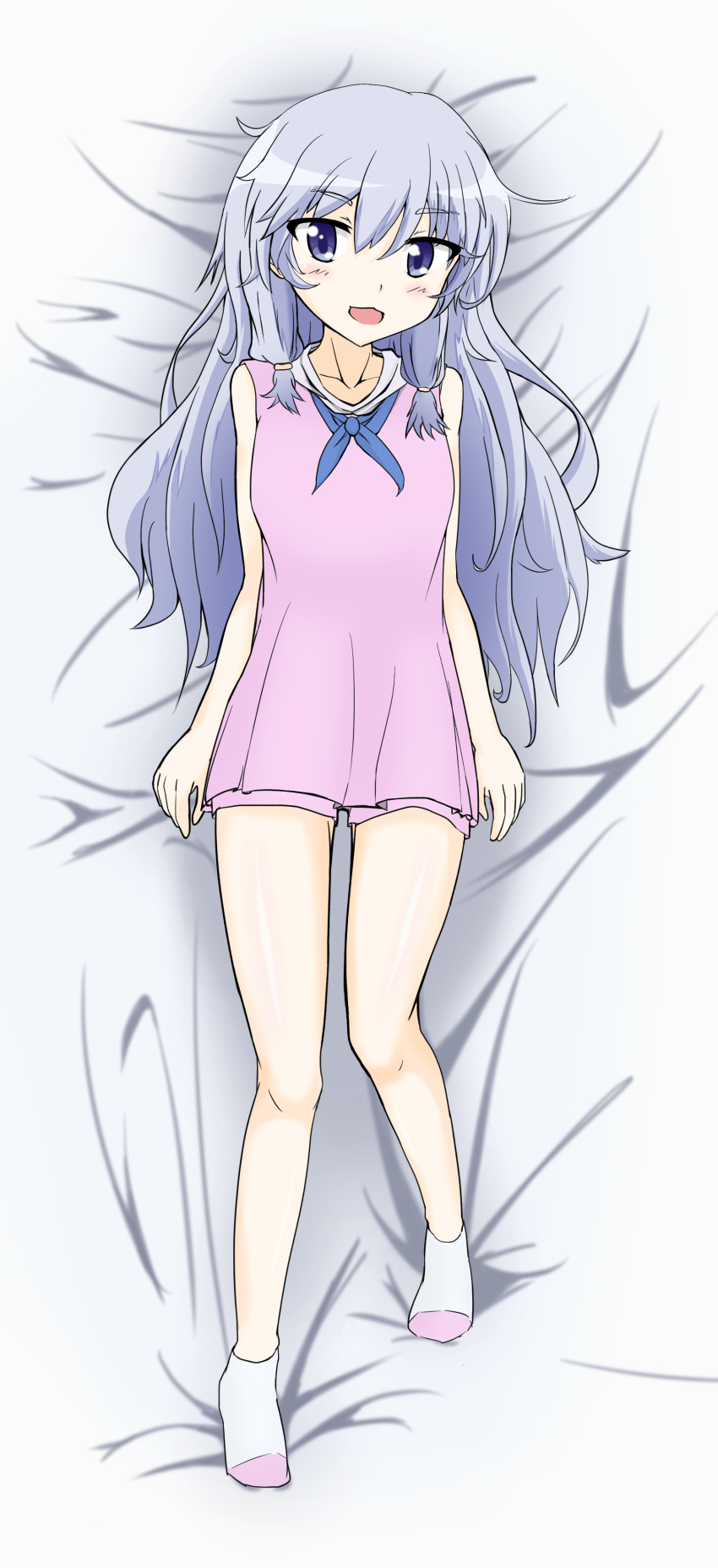 1girl absurdres anitore!_ex bed blue_hair character_request dakimakura dress highres legs long_hair lying on_back open_mouth pink_dress short_dress shorts shorts_under_dress sleeveless sleeveless_dress smile socks solo violet_eyes