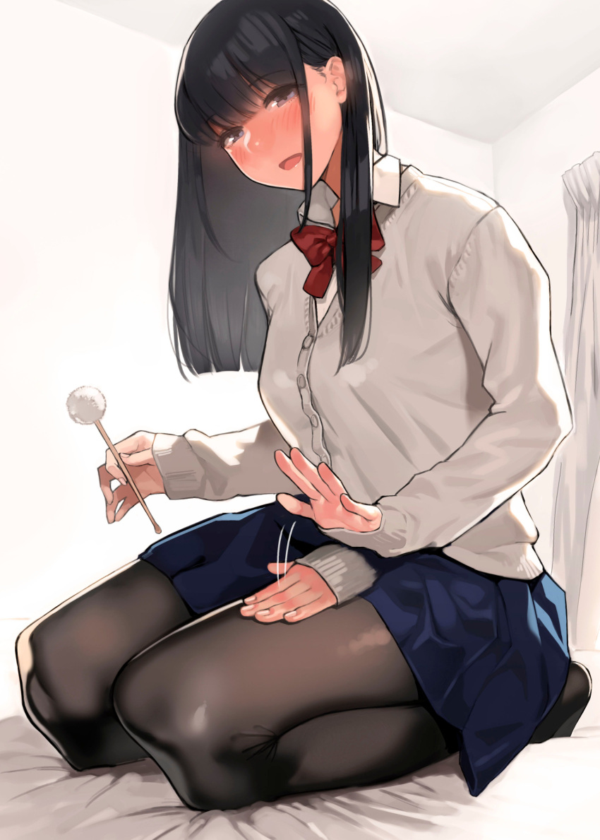 1girl absurdres bangs black_hair blue_eyes blue_skirt blush cardigan collared_shirt eyebrows_visible_through_hair highres holding indoors long_hair looking_at_viewer mimikaki on_bed open_mouth original pantyhose patting_lap pleated_skirt school_uniform seiza shirt sidelocks sitting skirt sleeves_past_wrists smile solo thighs white_shirt yomu_(sgt_epper)