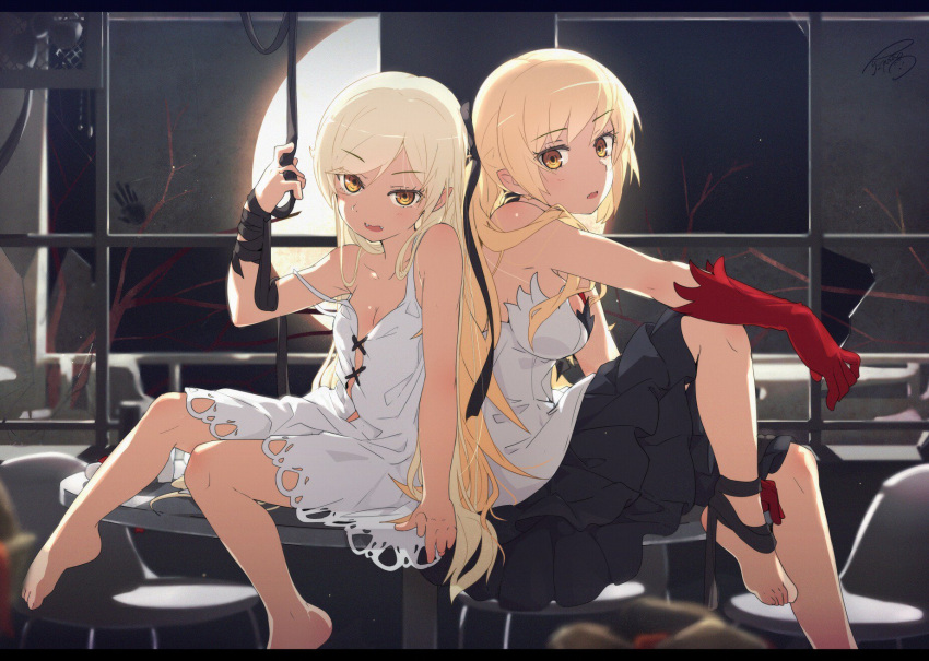 back-to-back bare_legs bare_shoulders barefoot black_skirt blonde_hair breasts chair dress dual_persona elbow_gloves eyebrows eyebrows_visible_through_hair gloves highres indoors kiss-shot_acerola-orion_heart-under-blade long_hair looking_at_viewer medium_breasts monogatari_(series) ogipote parted_lips pointy_ears red_gloves sitting skirt small_breasts strap_slip strapless strapless_dress table very_long_hair white_dress window yellow_eyes