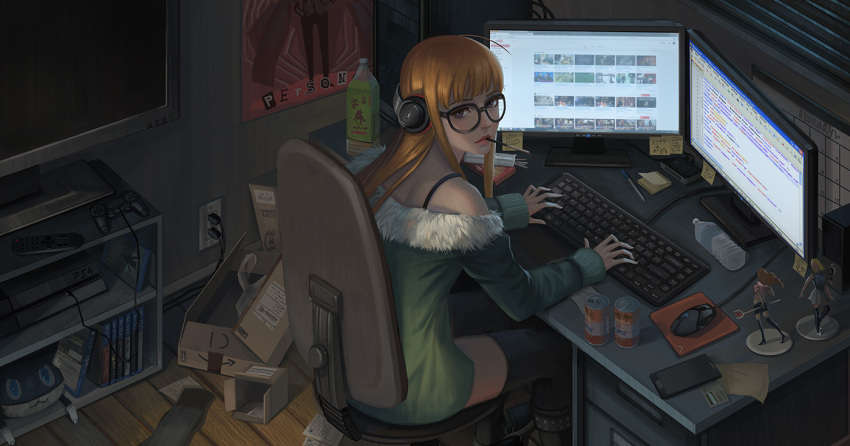 1girl bloodborne bottle box can cardboard_box cellphone chair computer computer_keyboard computer_mouse controller cover desk electric_socket figure food game_console game_controller game_cover glasses headphones looking_at_viewer monitor mousepad orange_hair persona persona_5 phone playstation playstation_4 pocky sakura_futaba sitting smartphone soda_can solo stuffed_toy television television_screen yagaminoue