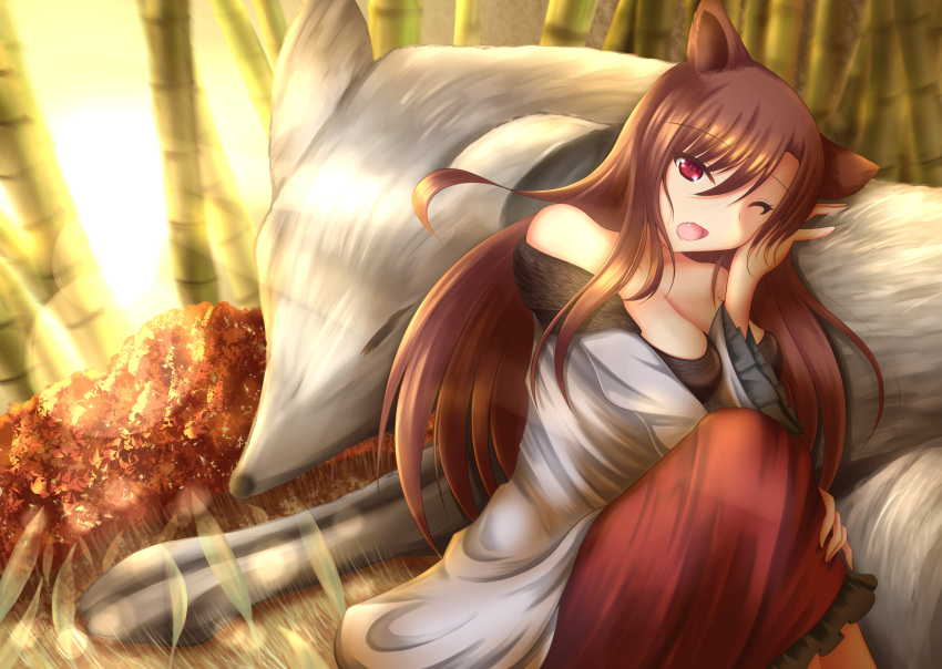 1girl animal animal_ears bamboo bamboo_forest bare_shoulders brown_hair dress fang forest frilled_skirt frills hachiyou_(yatsuha) hand_on_leg head_rest highres imaizumi_kagerou layered_dress leaning lens_flare long_hair nature on_animal one_eye_closed open_mouth oversized_animal red_eyes red_skirt sitting skirt sunlight touhou white_wolf wolf_ears