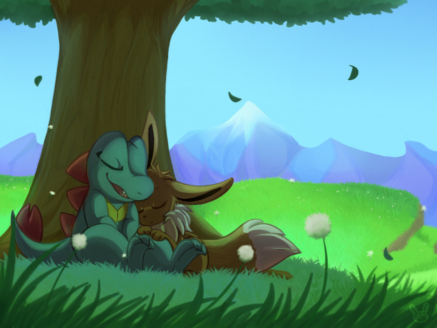 blue_sky closed_eyes commentary creature dandelion day eevee english_commentary flower gen_1_pokemon gen_2_pokemon grass highres mountain nature no_humans outdoors pokemon pokemon_(creature) sitting sky teeterglance totodile tree under_tree