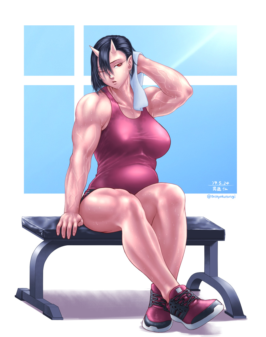 bench black_hair breasts earrings elf-san_wa_yaserarenai. highres horns jewelry large_breasts looking_to_the_side muscle muscular_female oga-san one_eye_closed open_mouth plump pointy_ears red_eyes shoes shorts sweat taikyokuturugi tank_top towel veins