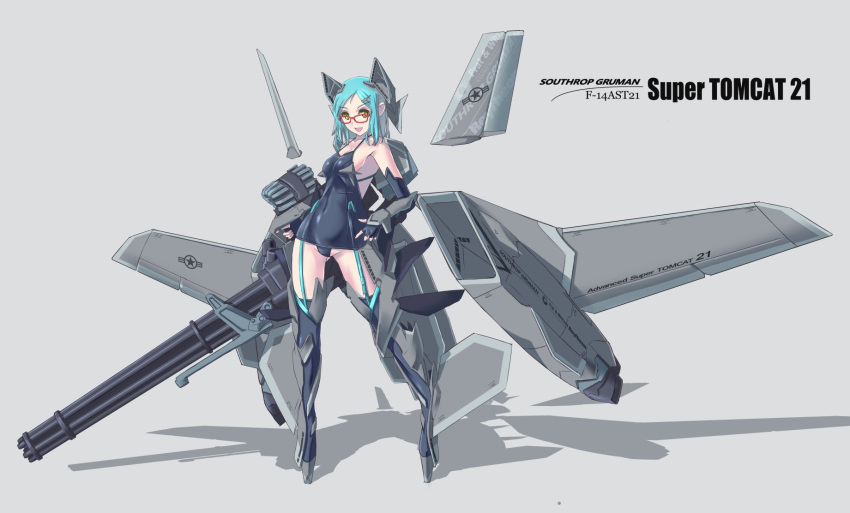 1girl aqua_hair boots brown_eyes elbow_gloves f-14_tomcat glasses gloves grey_background hand_on_hip headgear highres leotard long_hair looking_at_viewer mecha_musume nenchi original roundel solo southrop_gruman standing thigh-highs thigh_boots