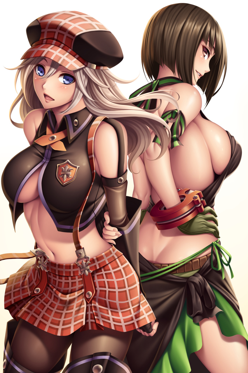 2girls absurdres alisa_ilinichina_amiella arms_behind_back ass back-to-back bare_shoulders black_hair blue_eyes blush boots breasts butt_crack commentary elbow_gloves fingerless_gloves gloves god_eater god_eater_burst hand_on_hip hat highres large_breasts long_hair looking_at_viewer multiple_girls navel open_mouth pantyhose short_hair sideboob silver_hair skirt smile suspender_skirt suspenders tachibana_sakuya_(god_eater) thigh-highs thigh_boots under_boob watanuki_kaname