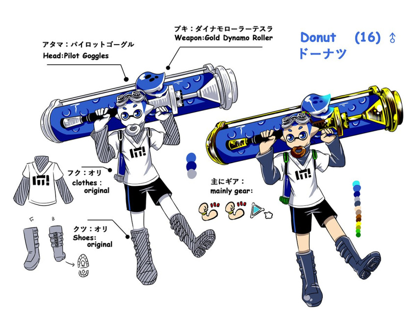 1boy bike_shorts blue_eyes blue_hair boots character_name character_sheet domino_mask donut_(zoza) doughnut dynamo_roller_(splatoon) food goggles goggles_on_head hair_slicked_back holding holding_weapon ink_tank_(splatoon) inkling layered_clothing looking_at_viewer male_focus mars_symbol mask mouth_hold over_shoulder partially_colored pointy_ears print_shirt scrunchie shirt short_hair short_over_long_sleeves single_vertical_stripe splat_bomb_(splatoon) splatoon standing t-shirt tentacle_hair topknot weapon white_background zoza