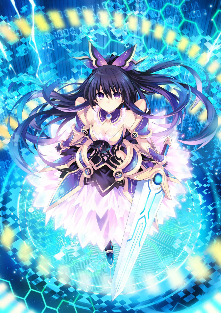 1girl absurdres armor armored_dress black_hair breasts cleavage date_a_live detached_collar dress female floating_hair from_above full_body gem gloves highres holding holding_sword holding_weapon jewelry looking_at_viewer looking_up ponytail sapphire_(stone) serious solo standing sword tsunako very_long_hair violet_eyes weapon yatogami_tooka