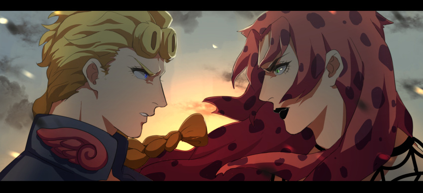 2boys backlighting black_lipstick blonde_hair blue_eyes braid diavolo eye_contact fishnets from_side giorno_giovanna green_eyes highres jojo_no_kimyou_na_bouken letterboxed lipstick long_hair looking_at_another makeup male_focus multiple_boys pink_hair polka_dot profile single_braid sky sunset yanoooh