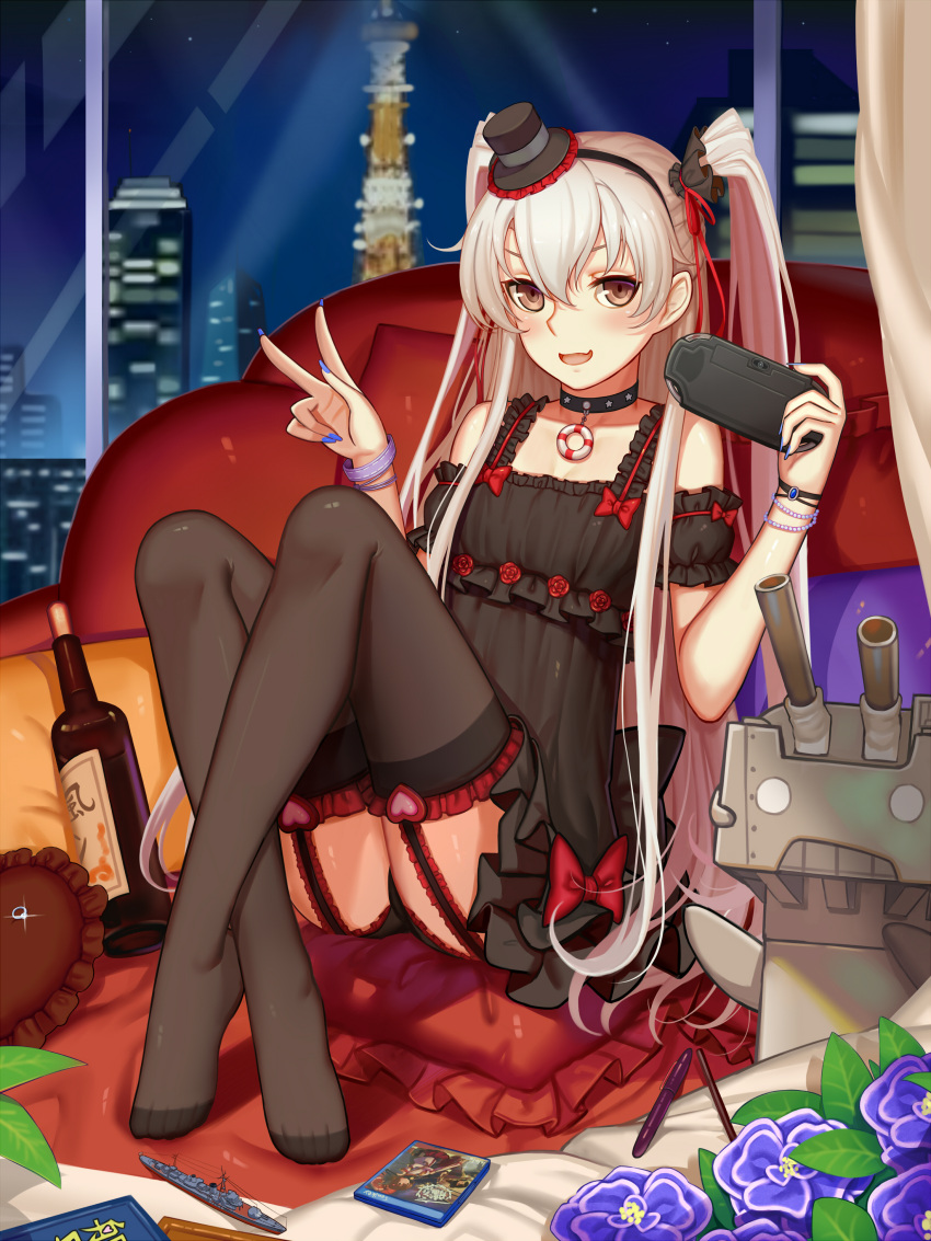1girl absurdres alternate_costume amatsukaze_(kantai_collection) arm_strap bare_shoulders black_dress black_legwear black_panties blurry bottle bow brown_eyes choker cityscape collarbone couch cushion depth_of_field detached_sleeves dress frilled_legwear frills full_body game garter_straps hair_between_eyes hairband handheld_game_console hat highres kantai_collection legs_crossed lifebuoy long_hair looking_at_viewer mini_hat mini_top_hat nail_polish no_shoes open_mouth panties pen playstation_vita red_bow rensouhou-kun sake_bottle short_dress silver_hair sitting sonikey0_0 thigh-highs thighs toes top_hat two_side_up underwear v very_long_hair w window windsock yellow_eyes