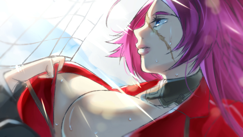 1girl ahoge blue_eyes blue_sky blurry breasts cleavage clouds depth_of_field dutch_angle facial_scar fate/extra fate_(series) jacket large_breasts lens_flare lips long_hair long_sleeves looking_away outdoors pantsu_(lootttyyyy) pink_hair red_jacket rider_(fate/extra) scar shirt_pull sky solo sunlight sweat sweating upper_body