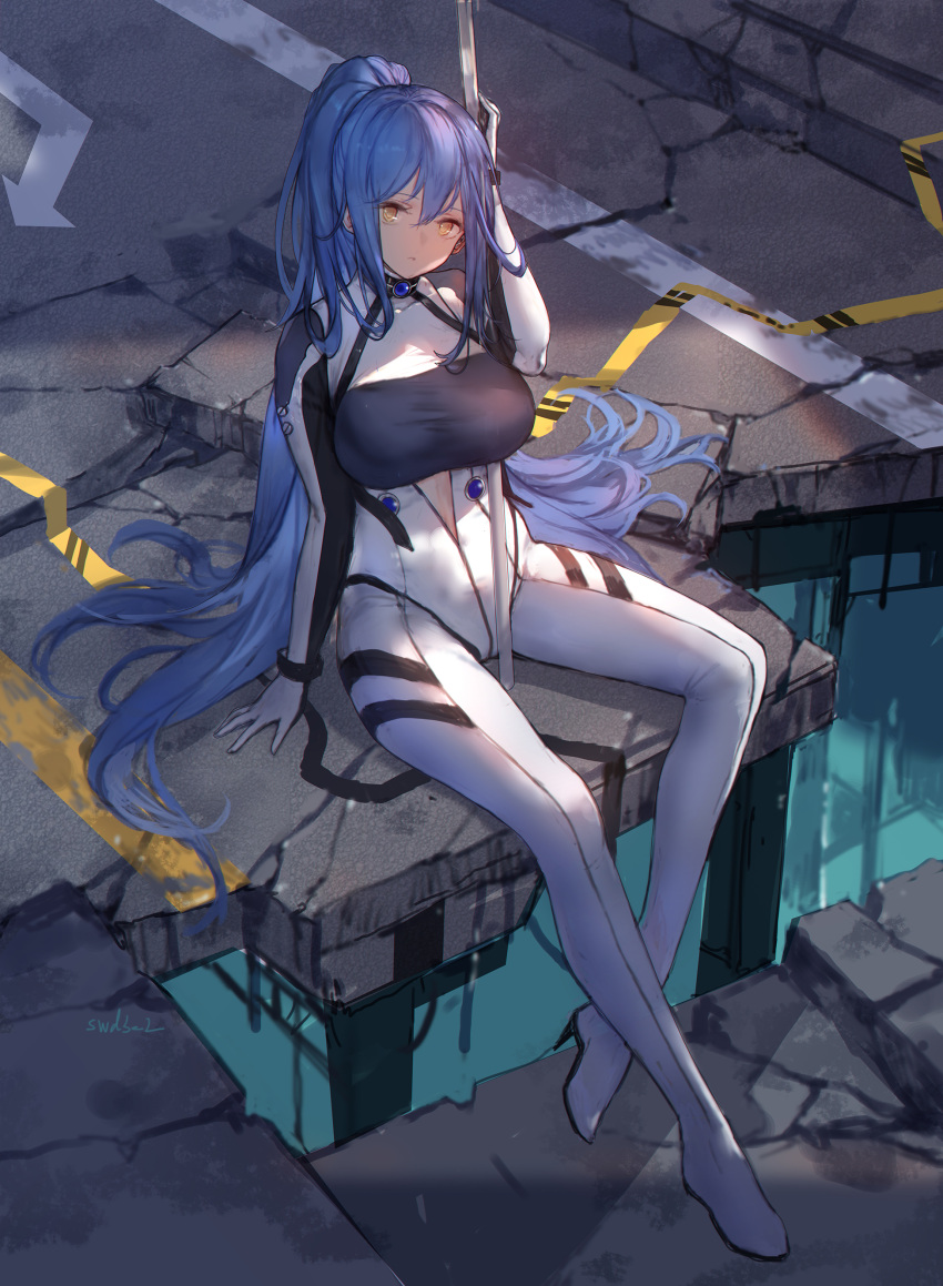 1girl absurdres bangs blue_hair bodysuit breasts closers collar gina_grace high_heels highres leaning_back legs_apart long_hair looking_at_viewer pole ponytail sitting skin_tight solo spread_legs swd3e2 unzipped white_bodysuit