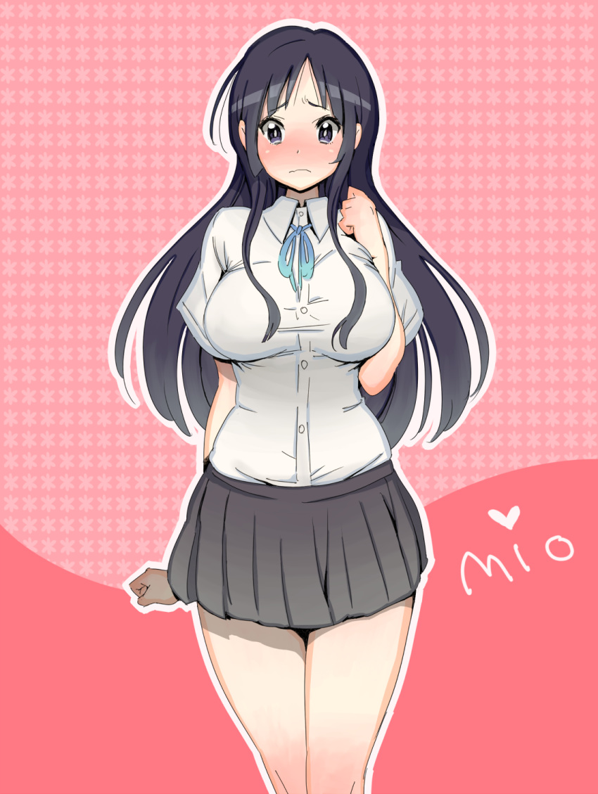 1girl akiyama_mio bad_id black_hair blush breasts highres k-on! large_breasts legs miniskirt pepo_(absolute1123) pepo_(pepopepo) pleated_skirt shirt skirt solo taut_clothes taut_shirt thighs uniform