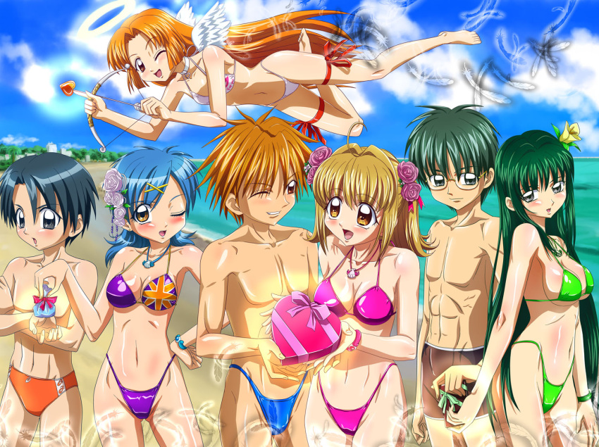 00s 3boys 4girls akai_shinju angel ankoku_tiger arrow beach bikini blush bow_(weapon) breasts cleavage cupid doumoto_kaito flag_print glasses green_bikini hamasaki_masahiro highleg highleg_bikini highleg_swimsuit houshou_hanon male_swimwear mermaid_melody_pichi_pichi_pitch multiple_boys multiple_girls nanami_lucia official_style one_eye_closed pink_bikini print_bikini purple_bikini seira_(mermaid_melody_pichi_pichi_pitch) shirai_nagisa small_breasts smile swim_briefs swim_trunks swimsuit swimwear thong thong_bikini touin_rina union_jack valentine weapon white_bikini white_swimsuit wings wink