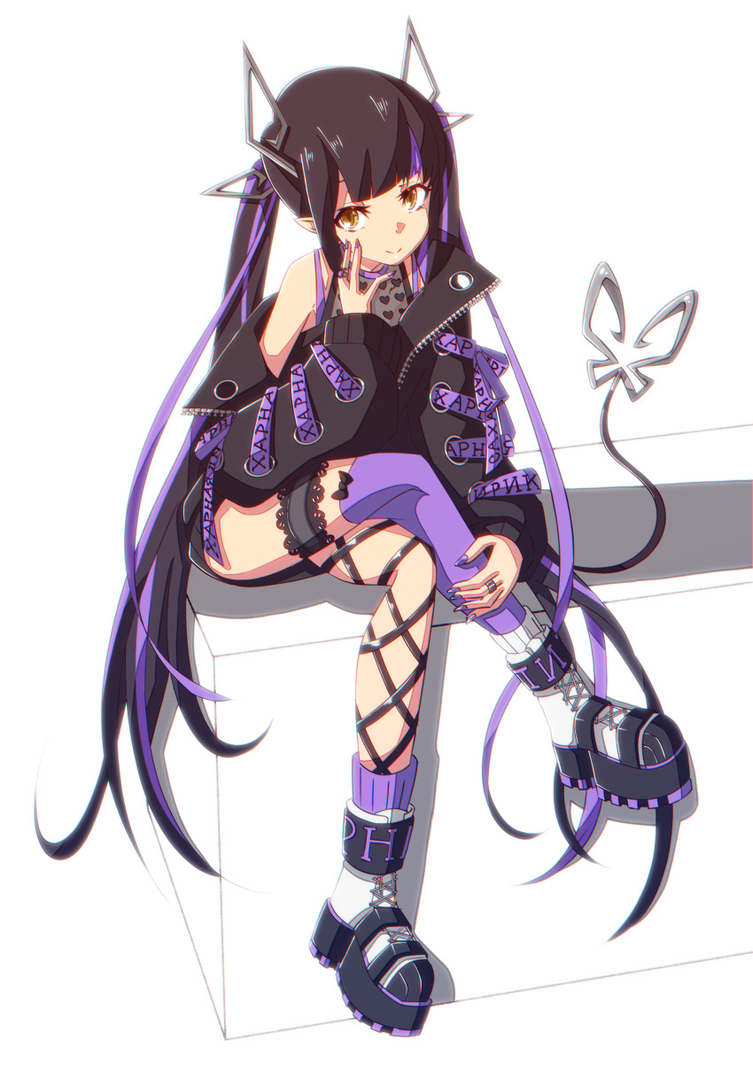 1girl absurdres asymmetrical_legwear bangs black_hair black_jacket blunt_bangs closed_mouth crossed_legs demon_tail frilled_straps full_body highres jacket kojo_anna long_hair long_sleeves looking_at_viewer mismatched_legwear multicolored_hair off_shoulder platform_footwear pointy_ears purple_hair saiho single_thighhigh sitting smile socks solo sugar_lyric tail thigh-highs thigh_strap twintails two-tone_hair virtual_youtuber white_background yellow_eyes