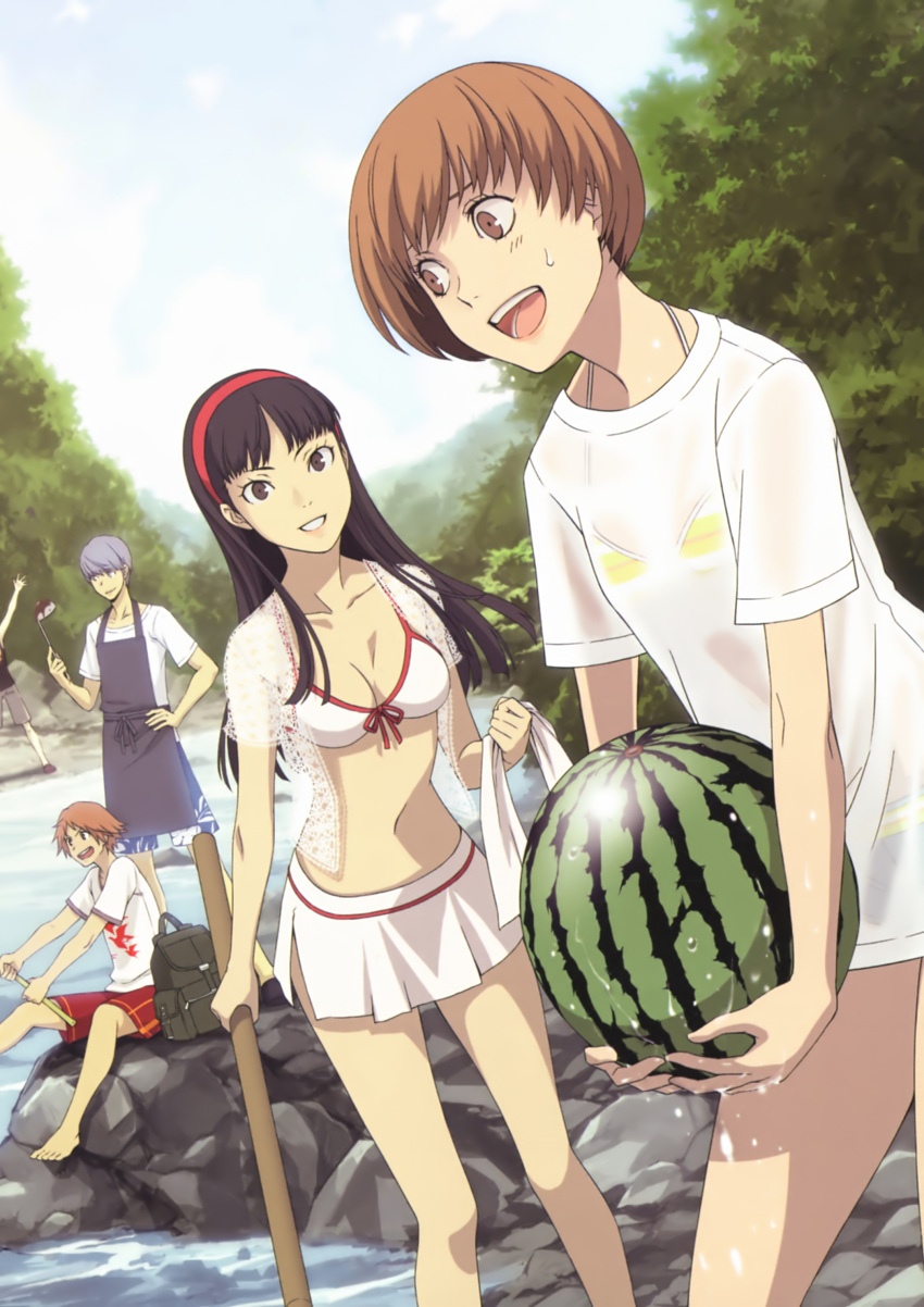 2girls 3boys absurdres amagi_yukiko apron atlus bikini bikini_top black_eyes black_hair brown_eyes brown_hair cleavage day fishing food fruit grey_hair hairband hanamura_yousuke highres holding holding_fruit ladle long_hair miniskirt multiple_boys multiple_girls narukami_yuu outdoors persona persona_4 river satonaka_chie scan short_hair skirt sogabe_shuuji sweatdrop swimsuit tatsumi_kanji watermelon wet