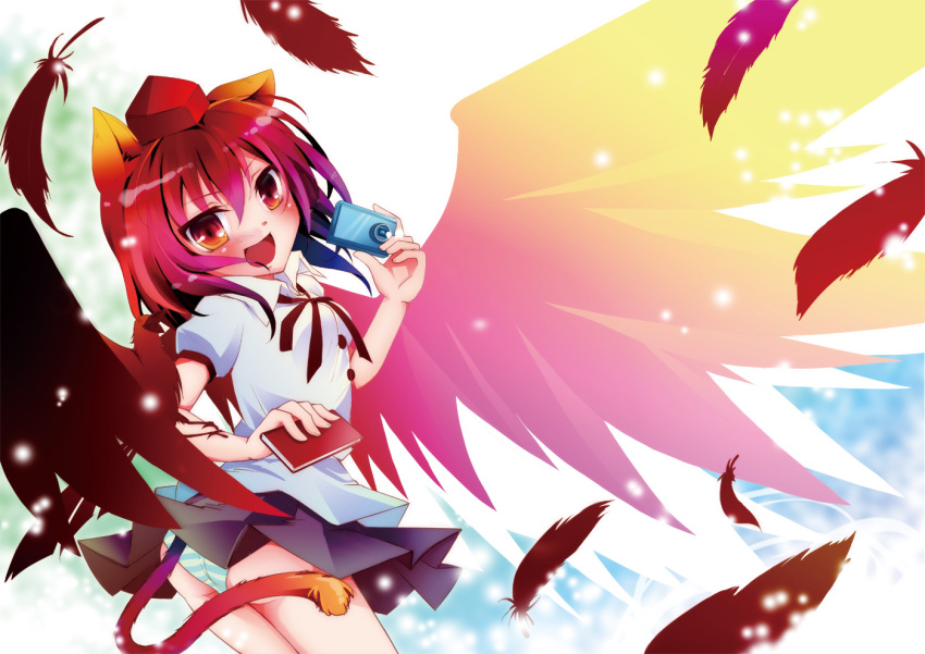 1girl animal_ears brown_hair cat_ears cat_tail feathers female hat kemonomimi_mode large_wings looking_at_viewer natsuki_yuu_(amemizu) natsukiyuu open_mouth panties pantyshot red_eyes shameimaru_aya smile solo striped striped_panties tail tokin_hat touhou underwear wings