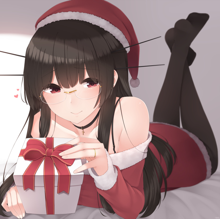 1girl bare_shoulders black_hair box choukai_(kantai_collection) collarbone dress eyebrows_visible_through_hair feet_up gift gift_box glasses hat heart highres jewelry kantai_collection long_hair long_sleeves looking_at_viewer lying on_bed on_stomach pantyhose red_dress red_eyes rimless_glasses ring santa_hat smile solo wedding_ring yukichi_(sukiyaki39)
