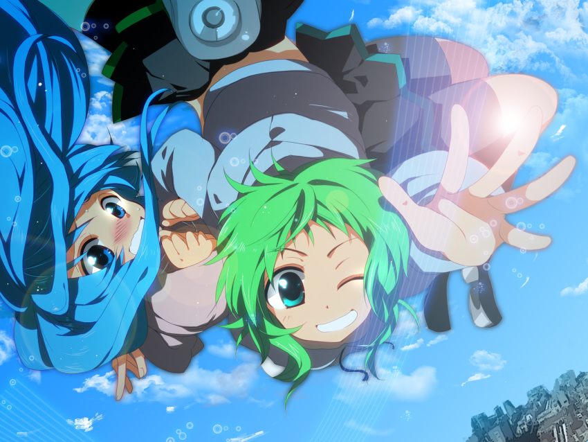 2girls aqua_eyes aqua_hair green_eyes green_hair gumi hatsune_miku long_hair marirero_a multiple_girls short_hair smile sweat very_long_hair vocaloid