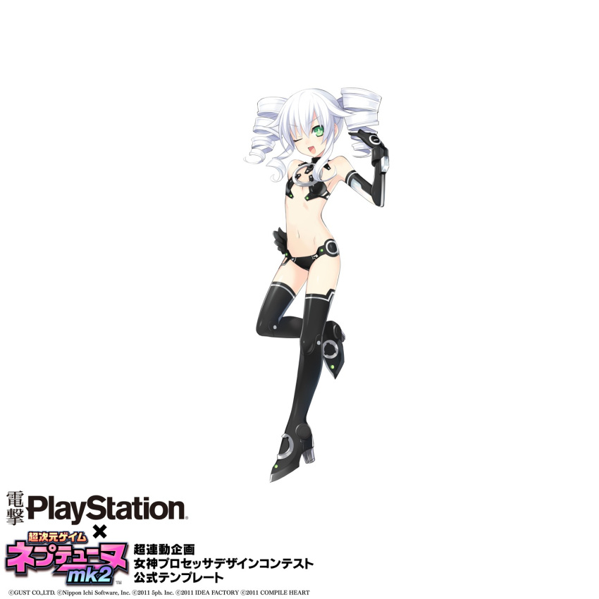 &gt;;d 1girl ;d armpits bangs bare_shoulders bikini black_boots black_gloves black_legwear black_sister bodysuit boots choujigen_game_neptune choujigen_game_neptune_mk2 company_name compile_heart copyright_name dated drill_hair elbow_gloves emblem flat_chest from_side full_body gloves green_eyes groin hair_between_eyes high_heel_boots high_heels highres idea_factory leg_lift logo looking_at_viewer magical_girl midriff navel neptune_(series) o-ring_top official_art one_eye_closed open_mouth power_symbol revealing_clothes sidelocks smile solo standing_on_one_leg swimsuit symbol-shaped_pupils thigh-highs tsunako turtleneck twin_drills uni_(choujigen_game_neptune) uni_(neptune) white_hair wink