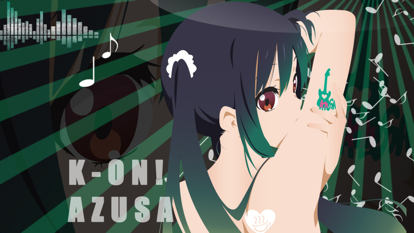 black_hair brown_eyes guitar heart highres instrument k-on! long_hair looking_back musical_note nakano_azusa tattoo twintails wallpaper zoom_layer