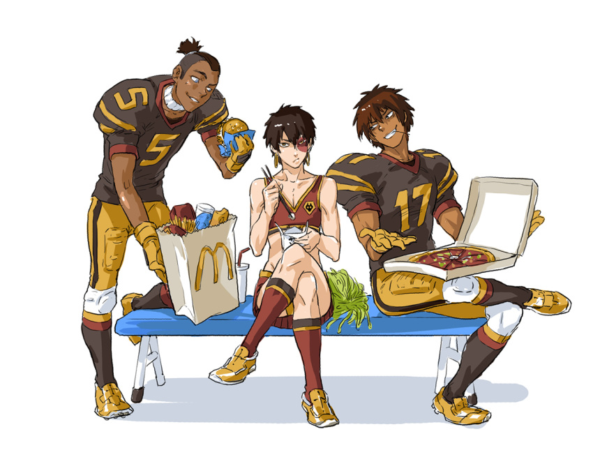 3boys avatar:_the_last_airbender avatar_(series) bag black_hair brown_hair cheerleader chopsticks crossdressinging cup dark_skin earrings food football football_uniform gloves hamburger jet_(avatar) jewelry knee_pads kyosa male_focus mcdonald's multiple_boys muscle necklace nickelodeon pizza scar skirt sokka sport sportswear straw zuko