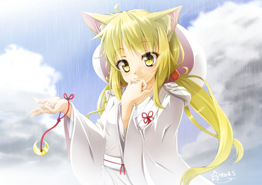 1girl ahoge animal_ear_fluff animal_ears blonde_hair clouds cloudy_sky commentary_request crescent crescent_moon_pin eyebrows_visible_through_hair fox_ears hair_between_eyes hand_to_own_mouth hoshi_nohara japanese_clothes kantai_collection kimono low_twintails outstretched_arm rain satsuki_(kantai_collection) sky solo twintails uchikake yellow_eyes