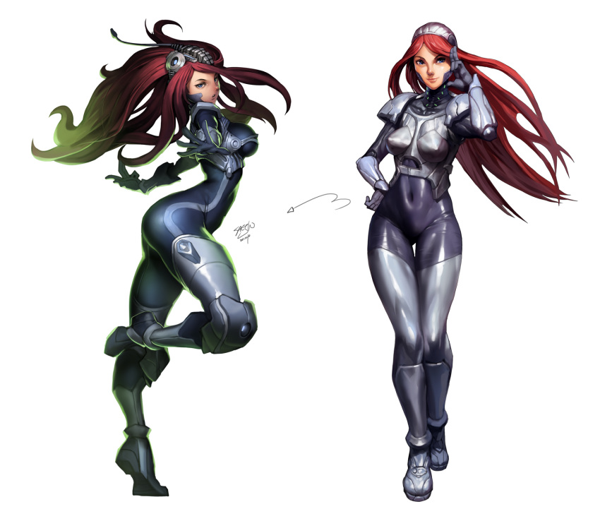 1girl arched_back armor ass before_and_after blue_eyes bodysuit breasts cassandra_(en-mercs) en-mercs erect_nipples hand_on_hip helmet highres hips knee_pads large_breasts leg_up long_hair looking_back navel redhead saejin_oh salute shiny skin_tight slender smile thigh_gap thighs tiptoes
