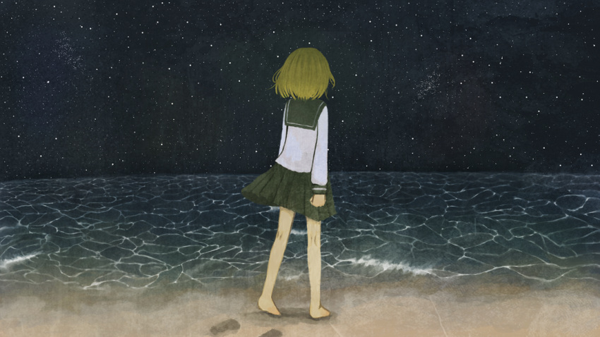 barefoot beach gumi hikari_(myawmyaw) school_uniform sky star_(sky) starry_sky vocaloid water waves